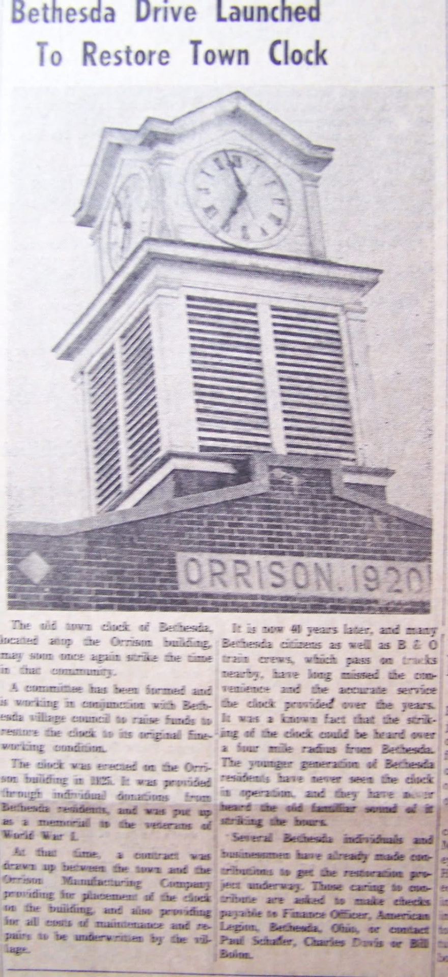 Newspaper clipping about the drive to restore the town clock