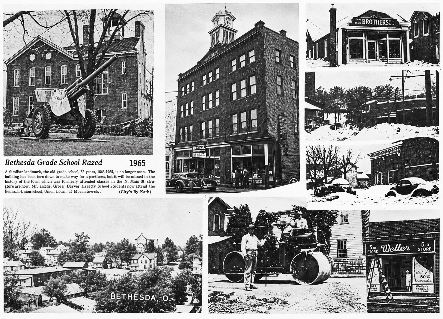 Collage of historic local buildings, businesses, and street scenes